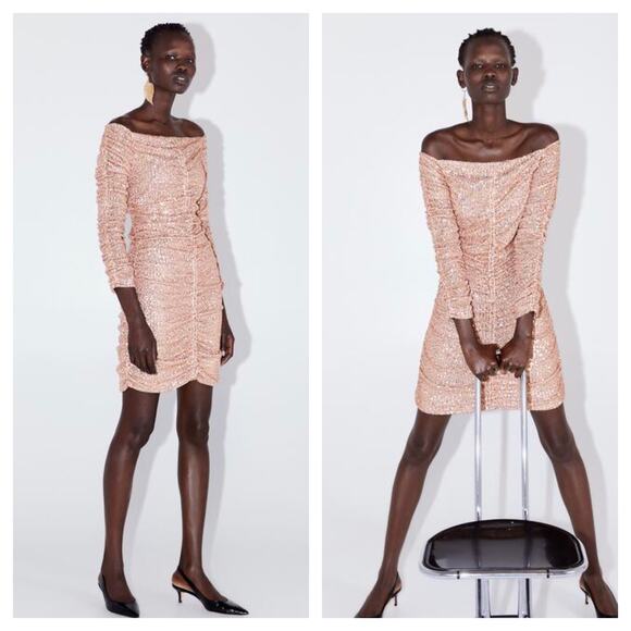 Zara Rose Gold Sequin Long Sleeve Ruched Mini Dress Small Cocktail Off Shoulder - Picture 8 of 16